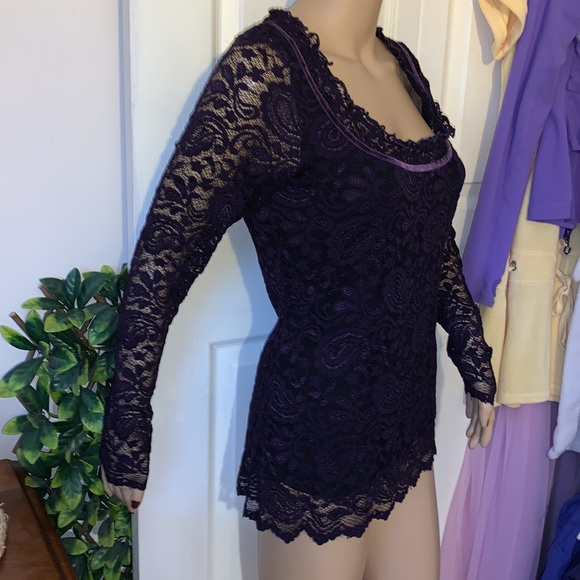 Vintage 90s royal purple stretch lace velvet ribbon square neck tunic top L - Picture 11 of 16